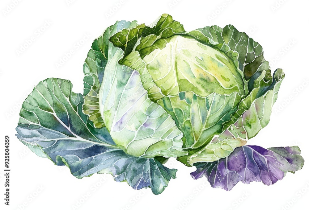 Fototapeta premium Watercolor painting of fresh green cabbage with vibrant leaves,