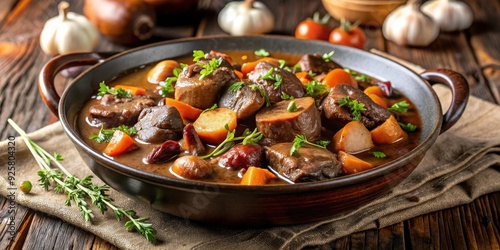 Boeuf bourguignon dish with a rich background and copy space for text, boeuf bourguignon