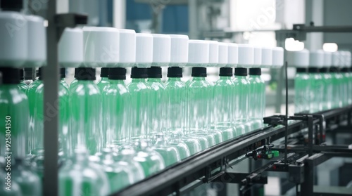 Set of glass flasks filled with emerald-colored liquid along an industrial line 