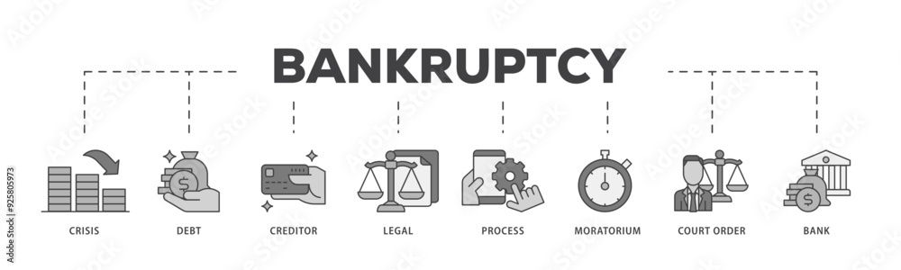 Bankruptcy icon infographic illustration concept with icon of bank ,court order, legal, moratorium, process, creditor, debt, crisis icon live stroke and easy to edit Bankruptcy icon infographic illustration concept with icon of bank ,court order, legal, moratorium, process, creditor, debt, crisis icon live stroke and easy to edit