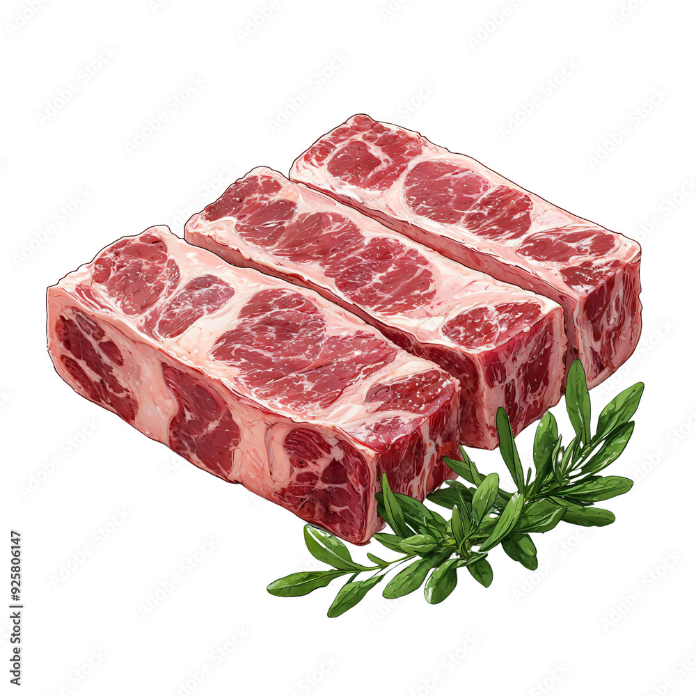 Fototapeta premium Delicious Cuts of Beef: A Close-Up Look at Three Beautifully Marbled Pieces of Meat Surrounded by Fresh Green Herbs, Perfect for Culinary Inspiration and Cooking Adventures.