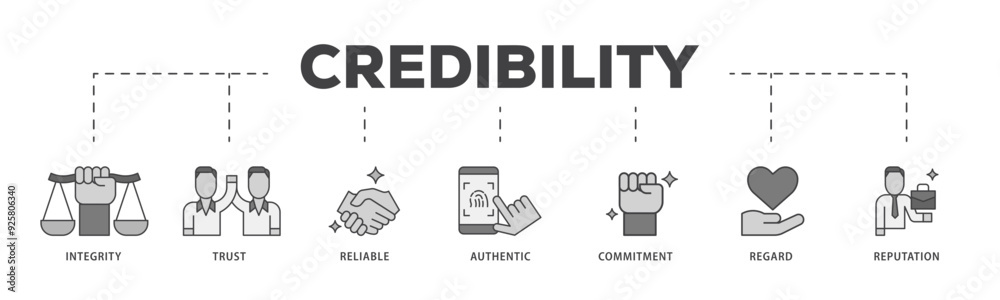 Credibility icon infographic illustration concept with icon of integrity, trust, reliable, authentic, commitment, regard, and reputation icon live stroke and easy to edit Credibility icon infographic illustration concept with icon of integrity, trust, reliable, authentic, commitment, regard, and reputation icon live stroke and easy to edit