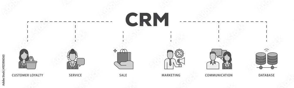 CRM icon infographic illustration concept with icon of customer loyalty, service, sale, marketing, communication, and database icon live stroke and easy to edit CRM icon infographic illustration concept with icon of customer loyalty, service, sale, marketing, communication, and database icon live stroke and easy to edit
