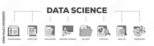 Data science icon infographic illustration concept with icon of data, classification, analyze, statistics, solving, decision and knowledge icon live stroke and easy to edit 