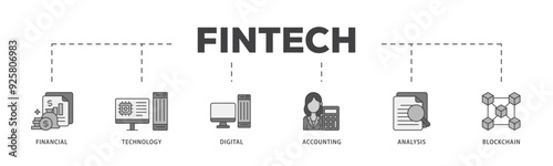 Fintech icon infographic illustration concept with icon of financial, technology, digital, accounting, analysis and blockchain icon live stroke and easy to edit 