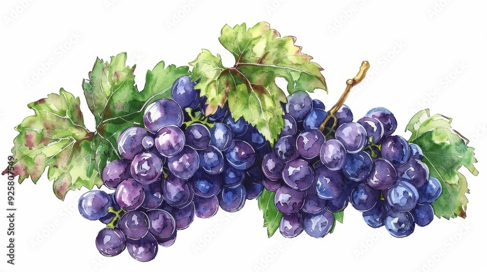 Fototapeta premium Watercolor illustration of purple grape clusters with green leav