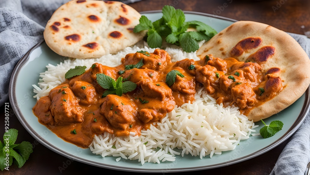 A plate of indian butter chicken with naan bread rice and mint chutney on the side, Ai Generated A plate of indian butter chicken with naan bread rice and mint chutney on the side, Ai Generated