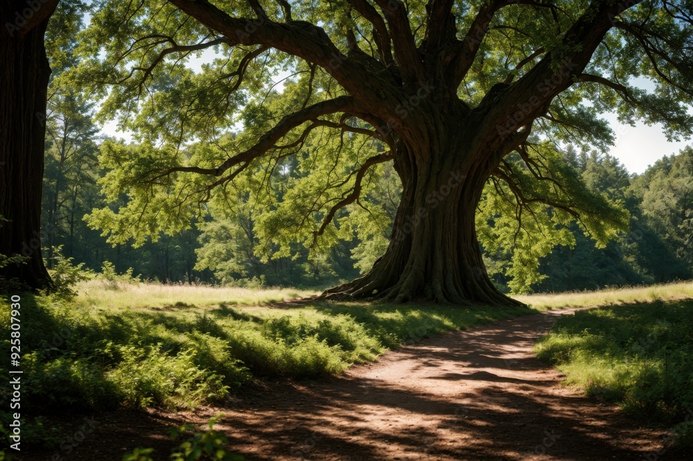 Protective ancient tree offers shade on a sunlit forest pathway Protective ancient tree offers shade on a sunlit forest pathway