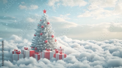 Dreamy Christmas Tree with Presents in a Heavenly Cloudscape Background