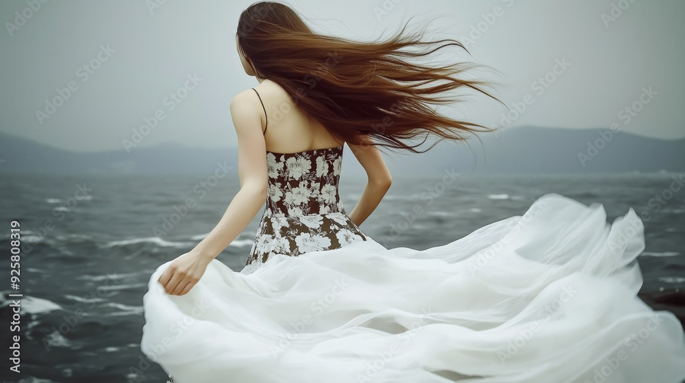 Ethereal Woman in Flowing Dress by the Sea Ethereal Woman in Flowing Dress by the Sea