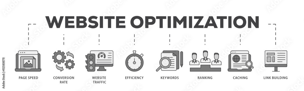 Website optimization icon infographic illustration concept with icon of page speed, conversion rate, website traffic, efficiency, keywords, ranking, caching icon live stroke and easy to edit Website optimization icon infographic illustration concept with icon of page speed, conversion rate, website traffic, efficiency, keywords, ranking, caching icon live stroke and easy to edit