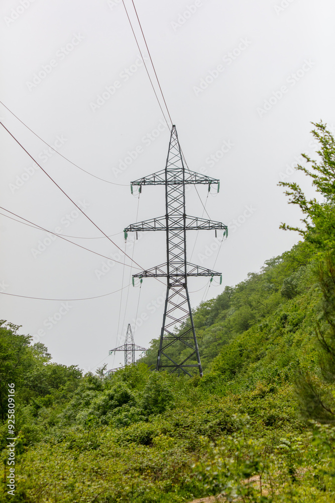 Electric pole in nature in the mountains in summer