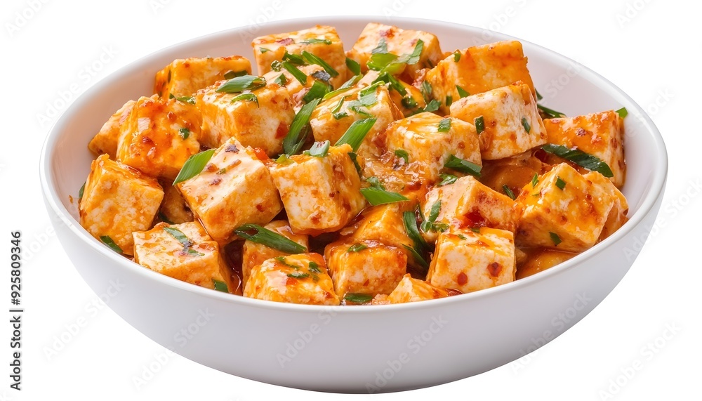 Flavorful Mapo Tofu Dish Served in a Bowl with Vibrant Garnishes Flavorful Mapo Tofu Dish Served in a Bowl with Vibrant Garnishes