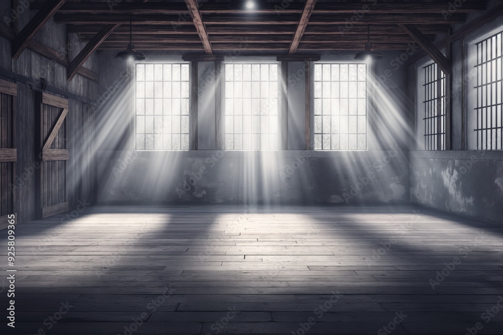 Mysterious Abandoned Warehouse with Sunlight Rays Pouring Through Windows Mysterious Abandoned Warehouse with Sunlight Rays Pouring Through Windows