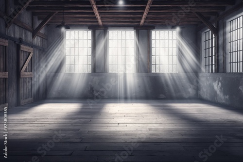 Mysterious Abandoned Warehouse with Sunlight Rays Pouring Through Windows