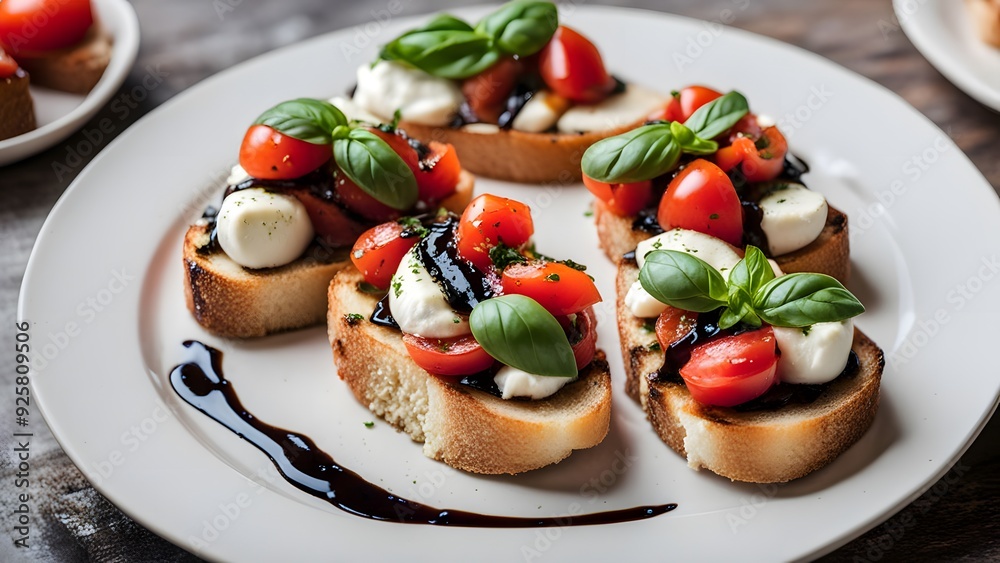 A plate of italian bruschetta with tomatoes basil and mozzarella drizzled with balsamic glaze, AI Generated A plate of italian bruschetta with tomatoes basil and mozzarella drizzled with balsamic glaze, AI Generated