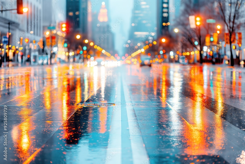 Vibrant City Street Reflections on a Rainy Evening Vibrant City Street Reflections on a Rainy Evening