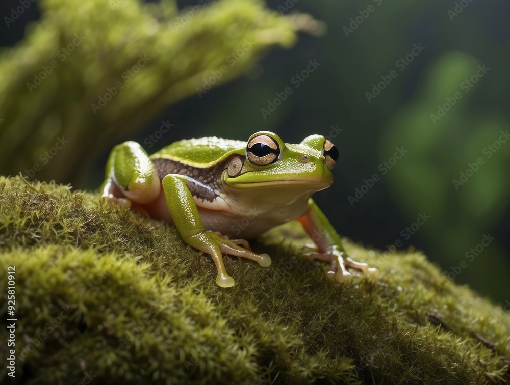 Obraz premium Green Tree Frog Perched on Mossy Branch
