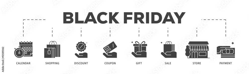 Black friday icon infographic illustration concept with icon of calendar, shopping, discount, coupon, gift, sale, store, payment icon live stroke and easy to edit Black friday icon infographic illustration concept with icon of calendar, shopping, discount, coupon, gift, sale, store, payment icon live stroke and easy to edit
