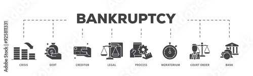 Bankruptcy icon infographic illustration concept with icon of bank ,court order, legal, moratorium, process, creditor, debt, crisis icon live stroke and easy to edit 