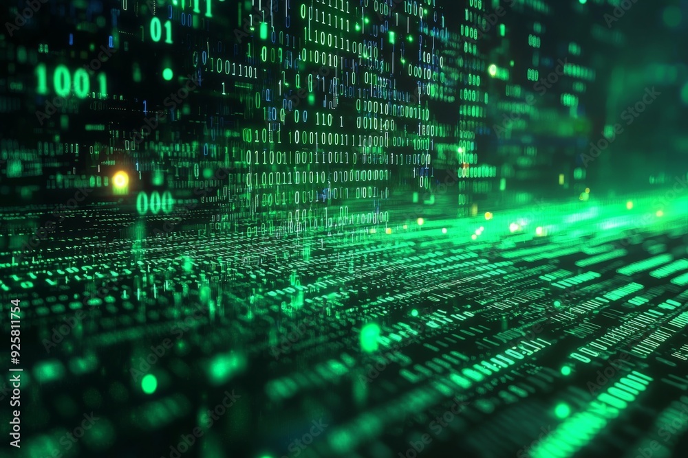 Green Dark Binary Code with Data Streaming Background created with Generative AI Green Dark Binary Code with Data Streaming Background created with Generative AI