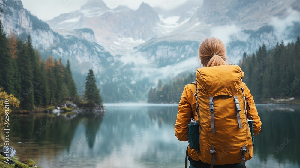 Backpacker reflecting by a mountain lake, in ecofriendly, insulated clothing, Mindful lakeside adventure, sustainable fashion Backpacker reflecting by a mountain lake, in ecofriendly, insulated clothing, Mindful lakeside adventure, sustainable fashion