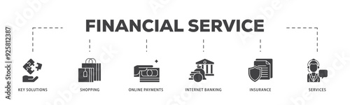 Financial service icon infographic illustration concept with icon of key solutions, shopping, online payments, internet banking, insurance and services icon live stroke and easy to edit 