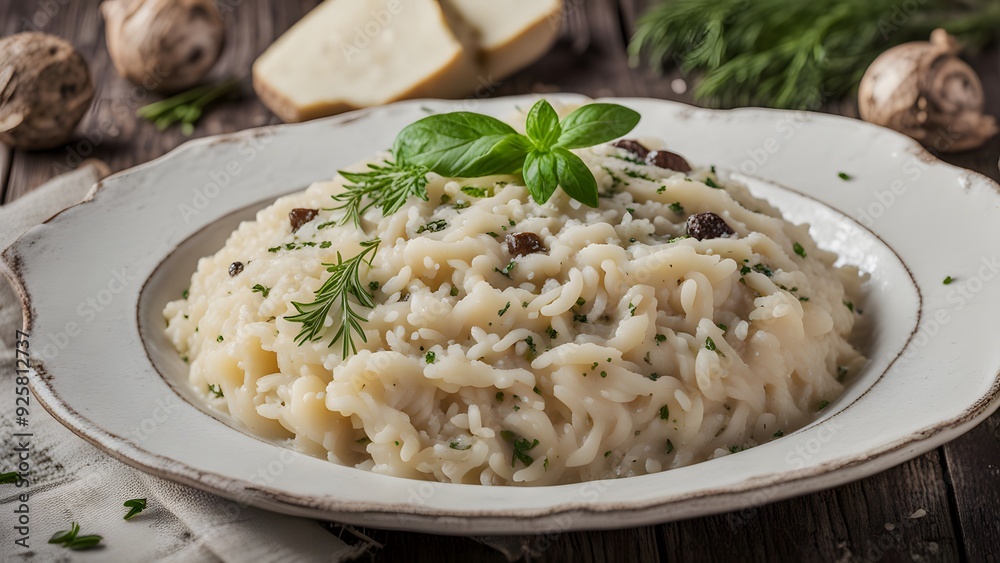 A serving of italian risotto with parmesan cheese truffle oil and fresh herbs on a rustic wooden table, Ai Generated A serving of italian risotto with parmesan cheese truffle oil and fresh herbs on a rustic wooden table, Ai Generated
