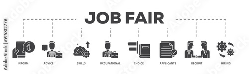 Job fair icon infographic illustration concept with icon of the information, advice, skills, occupational, applicants, recruit, and hiring icon live stroke and easy to edit 