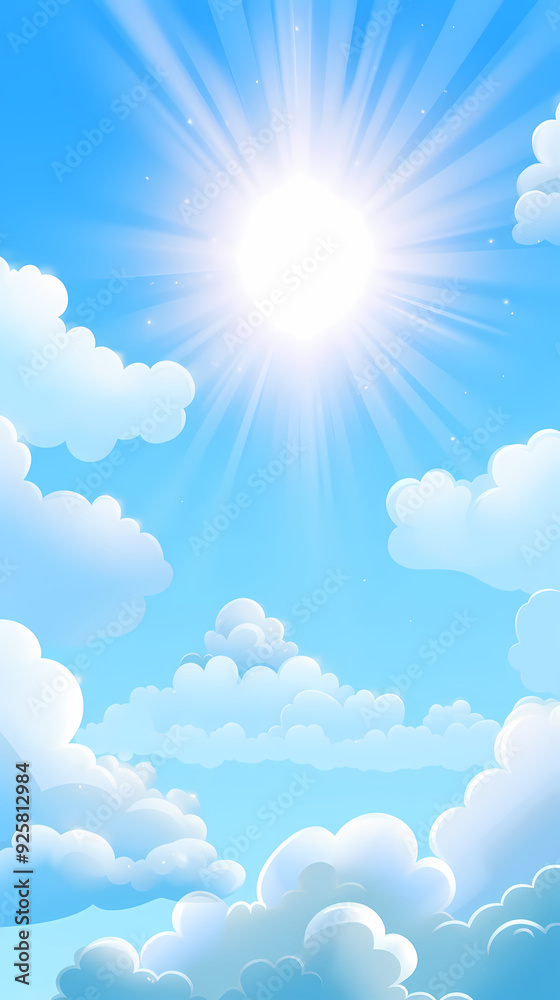 Blue sky with clouds. Anime style background with shining sun and white fluffy clouds. Sunny day sky scene cartoon vector illustration. Blue sky with clouds. Anime style background with shining sun and white fluffy clouds. Sunny day sky scene cartoon vector illustration.