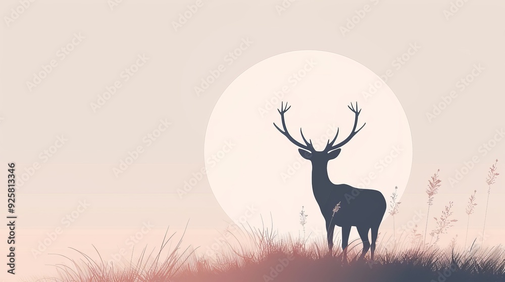 Deer in a serene meadow, minimalistic style, plain and clean design, 2D vector, soft color palette