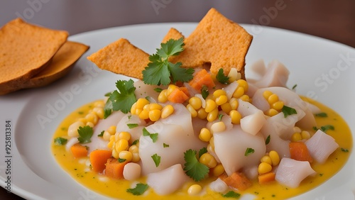 A serving of peruvian ceviche with corn sweet potato and aji amarillo sauce, AI Generated photo