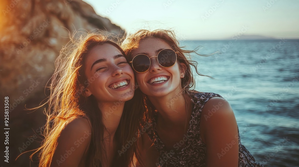 Fototapeta premium Female friends smiling while sitting against sea