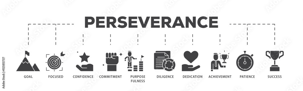 Perseverance icon infographic illustration concept with icon of goal, focused, confidence, commitment, purposefulness, diligence, dedication, achievement icon live stroke and easy to edit Perseverance icon infographic illustration concept with icon of goal, focused, confidence, commitment, purposefulness, diligence, dedication, achievement icon live stroke and easy to edit