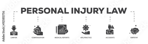 Personal injury law icon infographic illustration concept with icon of malpractice, empathy, accidents, medical reports, compensation, lawyer icon live stroke and easy to edit 