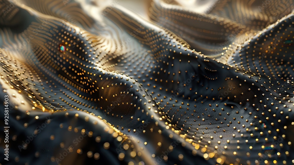Abstract 3D rendering showcasing flowing waves with golden dots, illustrating depth and texture in a modern digital design. Abstract 3D rendering showcasing flowing waves with golden dots, illustrating depth and texture in a modern digital design.