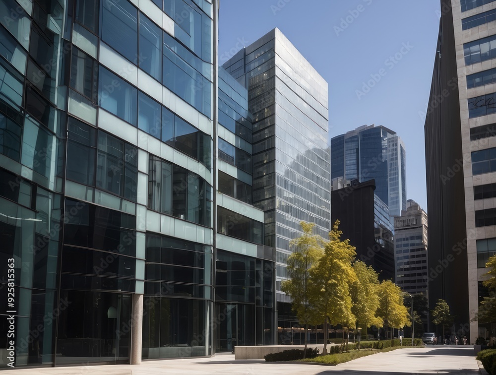 Modern Office Building with Glass Facade and City Views Modern Office Building with Glass Facade and City Views
