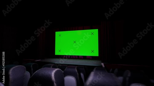 Custom 3d render animation in cinema room with green screen on display frame. Empty space with no people