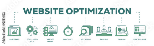 Website optimization icon infographic illustration concept with icon of page speed, conversion rate, website traffic, efficiency, keywords, ranking, caching  icon live stroke and easy to edit 