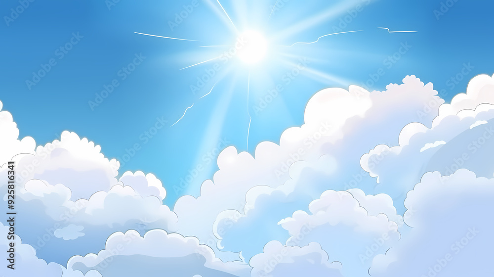 Blue sky with clouds. Anime style background with shining sun and white fluffy clouds. Sunny day sky scene cartoon vector illustration. Blue sky with clouds. Anime style background with shining sun and white fluffy clouds. Sunny day sky scene cartoon vector illustration.