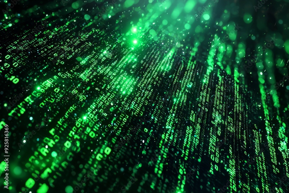 Green Dark Binary Code with Data Streaming Background created with Generative AI