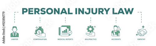 Personal injury law icon infographic illustration concept with icon of malpractice, empathy, accidents, medical reports, compensation, lawyer icon live stroke and easy to edit 