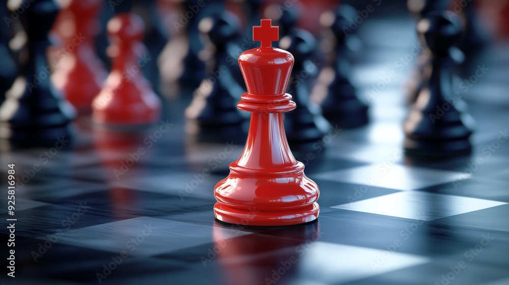 Close-up of a red chess knight standing out amongst black pieces on a chessboard, symbolizing leadership and strategy. Close-up of a red chess knight standing out amongst black pieces on a chessboard, symbolizing leadership and strategy.