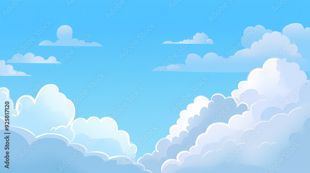 Blue sky with clouds. Anime style background with shining sun and white fluffy clouds. Sunny day sky scene cartoon vector illustration. Blue sky with clouds. Anime style background with shining sun and white fluffy clouds. Sunny day sky scene cartoon vector illustration.
