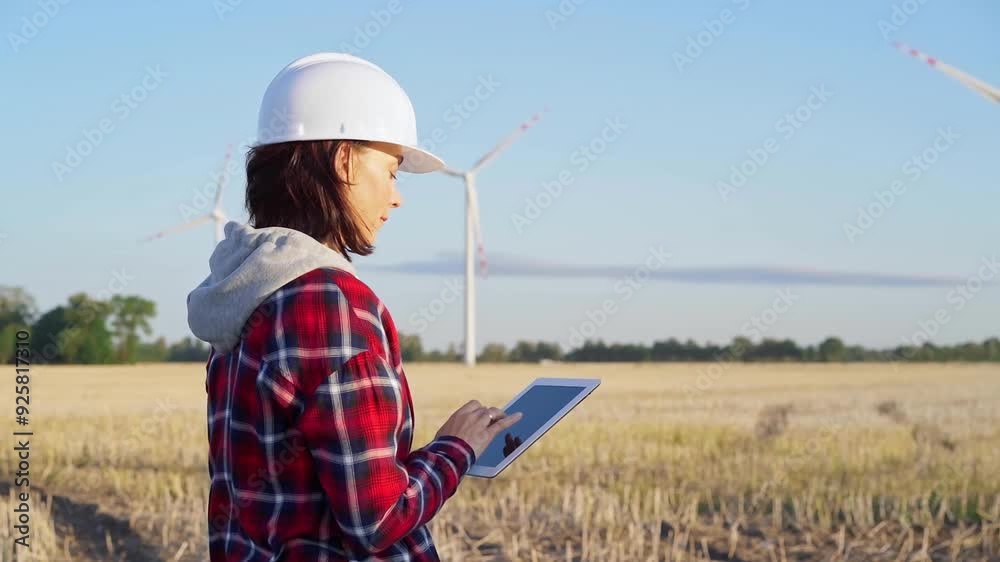 Woman engineer wearing a white protective helmet is taking notes with a tablet computer on a field with wind turbines, as the sun sets. Clean energy and engineering concept Woman engineer wearing a white protective helmet is taking notes with a tablet computer on a field with wind turbines, as the sun sets. Clean energy and engineering concept