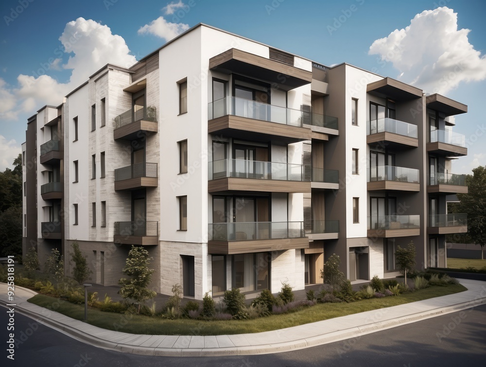 Modern Apartment Building with Balconies and Landscaping Modern Apartment Building with Balconies and Landscaping