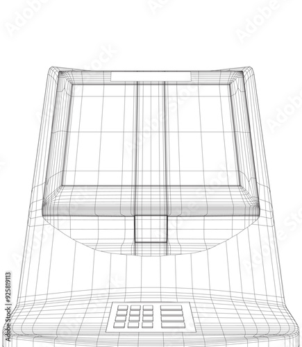 Wireframe ATM with display. Bank terminal for transaction, withdraw money and deposit to account. Vector illustration of outline cash machine with copy space for your text. 3D