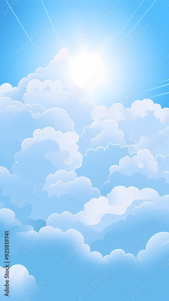 Blue sky with clouds. Anime style background with shining sun and white fluffy clouds. Sunny day sky scene cartoon vector illustration. Blue sky with clouds. Anime style background with shining sun and white fluffy clouds. Sunny day sky scene cartoon vector illustration.