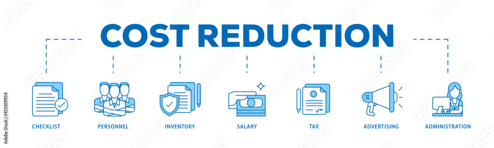 Cost reduction icon infographic illustration concept with icon of checklist, personnel, inventory, salary, tax, advertising and administration icon live stroke and easy to edit Cost reduction icon infographic illustration concept with icon of checklist, personnel, inventory, salary, tax, advertising and administration icon live stroke and easy to edit