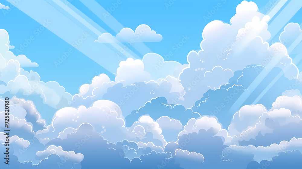 Blue sky with clouds. Anime style background with shining sun and white fluffy clouds. Sunny day sky scene cartoon vector illustration. Blue sky with clouds. Anime style background with shining sun and white fluffy clouds. Sunny day sky scene cartoon vector illustration.
